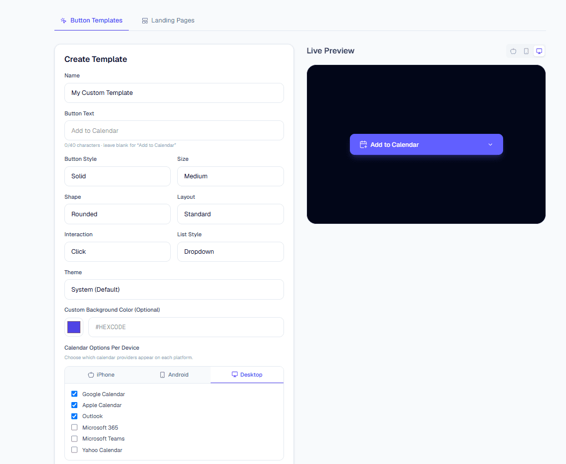 SendToCal product screenshot: the button template builder showing a live Add to Calendar button preview with style and provider controls.