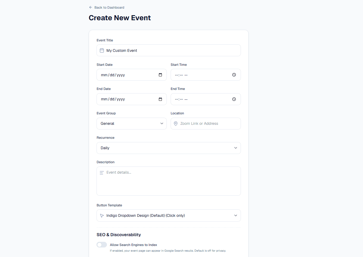 SendToCal product screenshot: the event builder with fields for title, date, time, recurrence, location, SEO indexing, and button template.